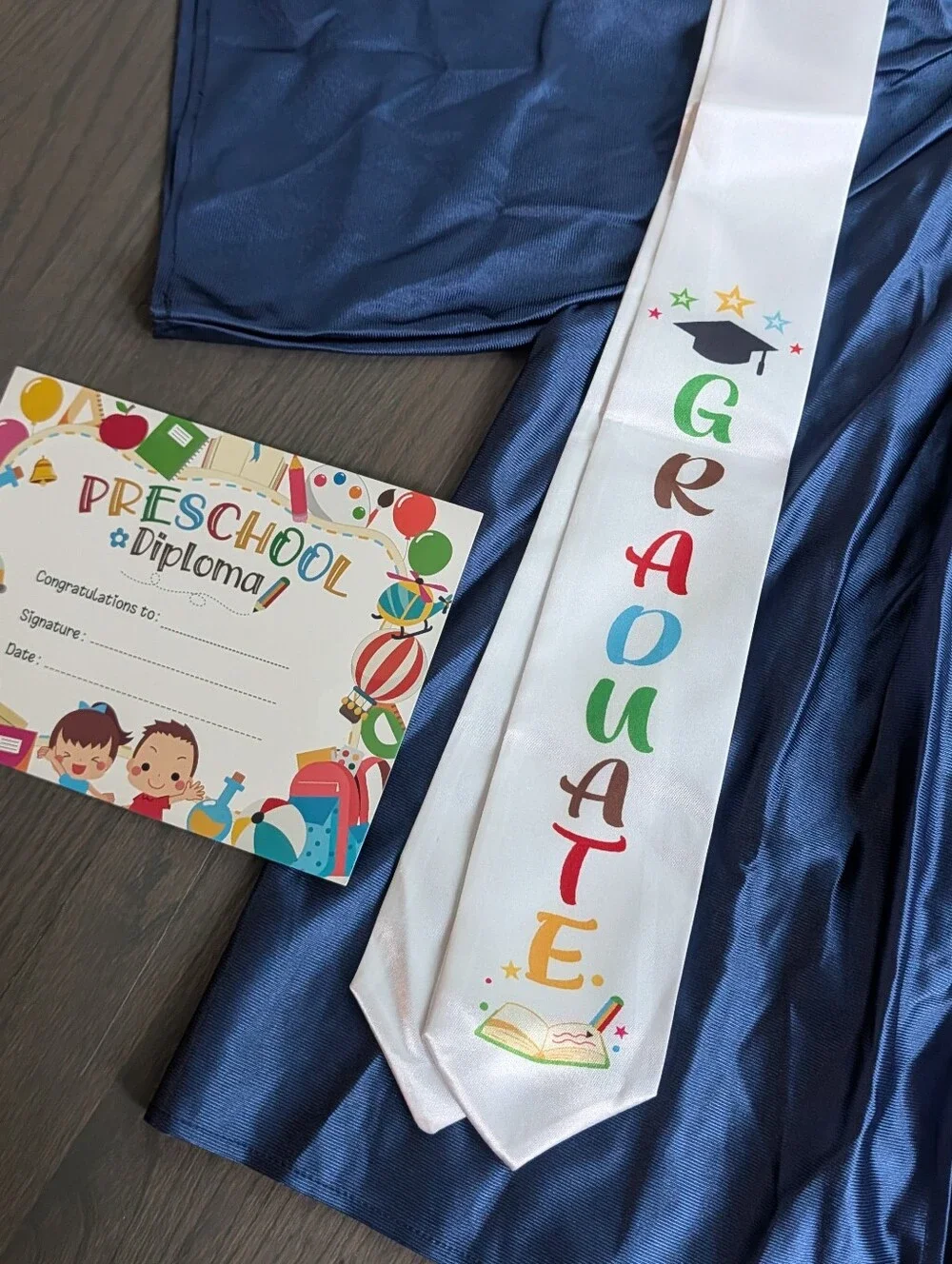 Preschool Graduation Gown & Cap Set with Preschool Sash, Blue, Size 27, Small